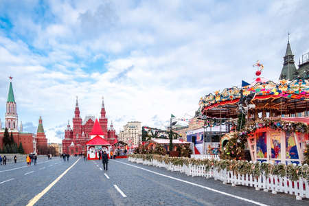 MOSCOW, RUSSIA - FEBRUARY 29, 2020: Christmas market on Red Square, Moscow Kremlin in center city, Moscow, Russiaのeditorial素材