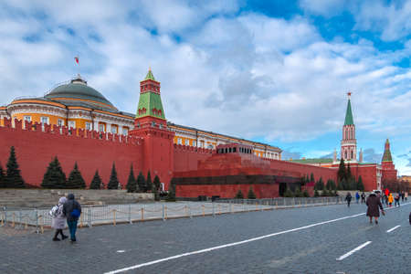 MOSCOW, RUSSIA - FEBRUARY 29, 2020: Moscow Kremlin with mausoleum of Lenin - fortified complex in...