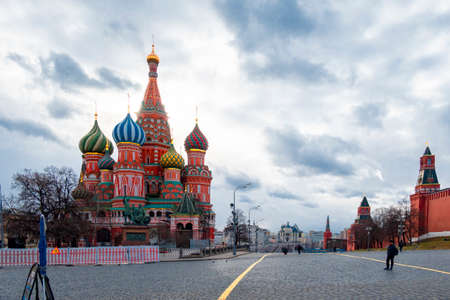 MOSCOW, RUSSIA - FEBRUARY 29, 2020: Moscow Kremlin with Spassky Tower and Saint Basil's Cathedral in center city on Red Square, Moscow, Russiaのeditorial素材