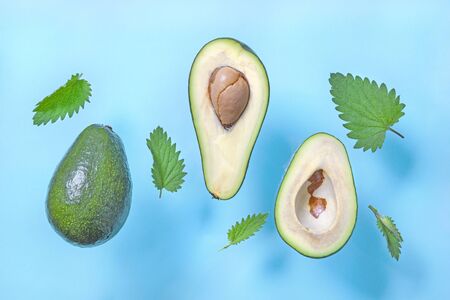 Fresh avocado halves with seed, with green mint leaves flying on blue background. Minimal concept...