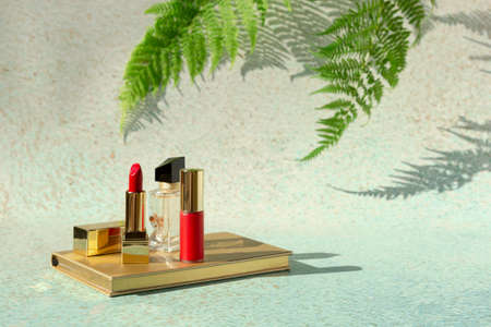 Red lipstick, perfume and lip varnish on light background of nature with fern leaves. Decorative beauty cosmetic products for womanの写真素材