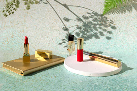 Set of cosmetic products - red lipstick, mascara, eyeliner on light background of nature with shadow...