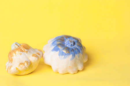 White and gold pumpkins - Halloween decoration on yellow background. Thanksgiving composition on Modern autumn styled. Trendy holiday conceptの写真素材