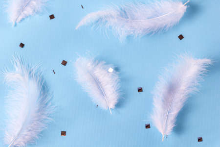 White feather and sIlver confetti on blue background. Soft delicate texture. Stylish luxury pattern. Flat lay, top viewの写真素材