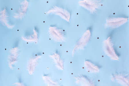 White feather and sIlver confetti on blue background. Soft delicate texture. Stylish luxury pattern....