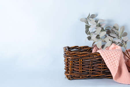 Pile of pink knitted cashmere scarves, sweaters in basket on light blue background. Folded autumn and winter clothing with eucalyptus leaves branch, bannerの写真素材