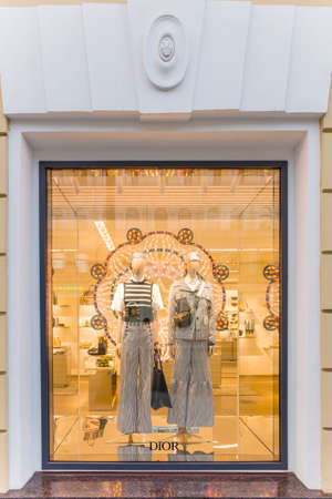 SAINT PETERSBURG, RUSSIA - NOVEMBER 24, 2020: Show window of Dior fashion store, decorated in...