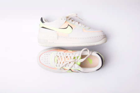 SAINT PETERSBURG, RUSSIA - DECEMBER 2, 2020: NIKE Air Force 1 Shadow shoes on white background, isolated.のeditorial素材