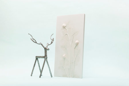 Botanical bas-relief wildflowers and metal deer for wall art. 3D Flower plaster decor. Christmas...