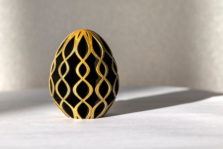 Trendy Easter low poly decor. Golden and black egg of geometric style. Happy Easter greeting card....
