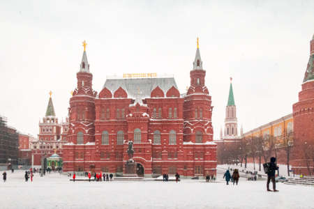 Entrance to Red Square, Iberian Gate and Chapel, building of Historical Museum on snowy winter, Moscow, Russiaのeditorial素材