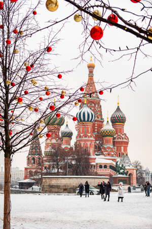 Moscow, Russia - February 21, 2021: Saint Basil's Cathedral in center city on Red Square in snowy...