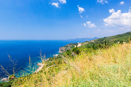Panoramic view of beautiful landscape mountains and coastline azure sea. Aerial skyline of beaches and Adriatic coast, Montenegroの写真素材