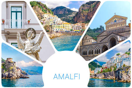 Photo collage from Amalfi - small haven of Amalfi village with tiny beach and colorful houses, located on rock, Amalfi coast, Salerno, Campania, Italyの写真素材