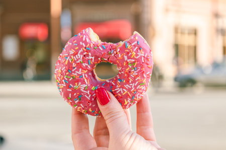 Hand holding famous donut with hole, pyshki in Russian on blurred background of sights of St....