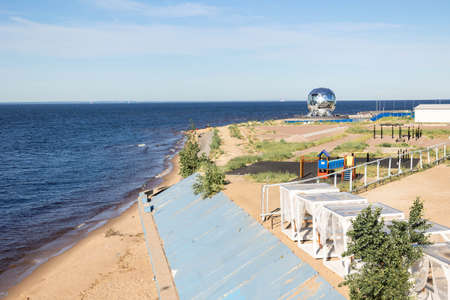 St. Petersburg, Russia - June 16, 2021: Glass metal ball for trasling soccer ball matches in park of 300th anniversary to Petersburgのeditorial素材