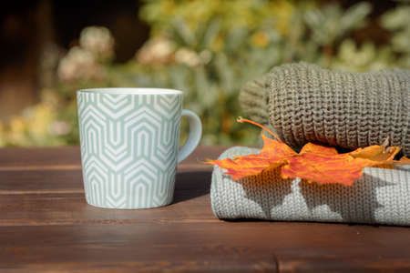 Folded autumn and winter clothing. Pile of knitted cashmere sweaters with maple leaf and cup of tea...