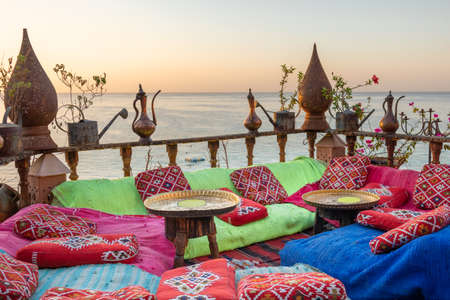 Vintage Arabic oriental cafe. Place to relax on beach Ras Umm El Sid of Red Sea. Sharm El Sheikh,...