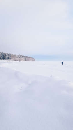 Beautiful winter landscape in minimalist style. Small figures of people on field of white snow and forest on horizon. Light and airy feel and light color palette. vertical photo of minimalismの写真素材