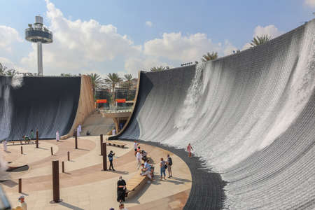 Exhibition EXPO 2020. View of fire-spitting Waterfall attraction place to play with water.