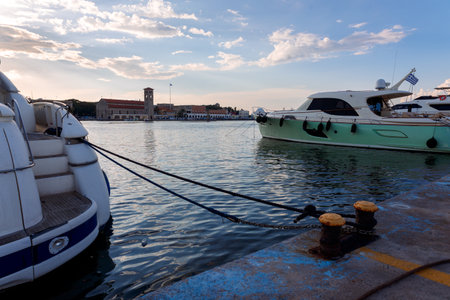 Panoramic view of beautiful yachts stand in harbor in port of Rhodes, Greece. High quality photo