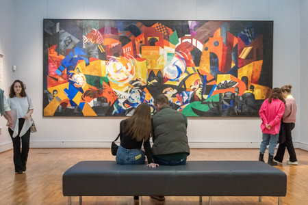 Moscow, Russia - April 2, 2022: State New Tretyakov Gallery on Krymsky Val. People look at paintings in halls of gallery. Modern contemporary artのeditorial素材