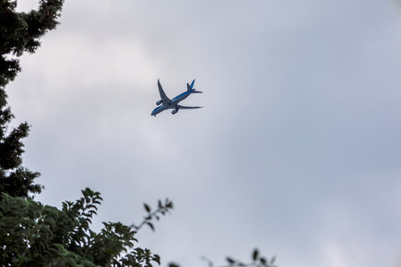 View of airplane flying in gray sky among white clouds. High quality photoの写真素材