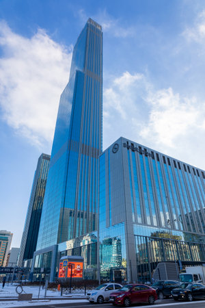 Astana, Kazakhstan - November 23, 2022: High-rise mirror towers of modern office buildings business center of Abu Dhabi Plaza, Astana, Kazakhstanのeditorial素材