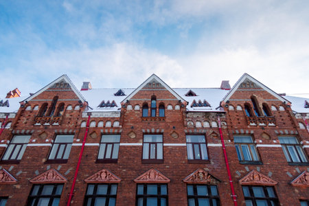 Facade view of red brick Bank of Finland building at Market Square, Vyborg, Russia. high quality photoの写真素材