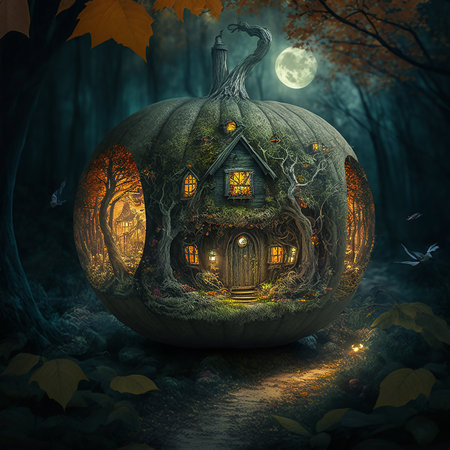 Halloween background. Huge pumpkin house in magical forest at night. Use of artificial intelligence.の素材