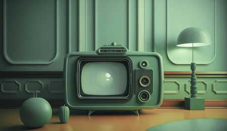 Retro room interior in 1950s 1960s style. Vintage fashion house with light green colors. Futuristic modern apartment. Generative AI.の素材