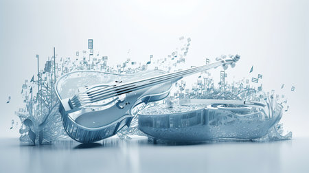 Music art poster. Notes, musical instruments, violins, birds fly in waves of music. Design for live concerts, festivals and music parties. Generative AI. high quality illustrationの素材