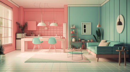 Modern interior of living room with stylish accessories in gentle fashionable pink and green colors. Trendy furniture elegant apartment. Generative AI. high quality illustrationの素材