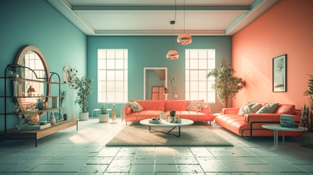 Modern interior of living room with stylish accessories in gentle fashionable orange and green colors. Trendy furniture elegant apartment. Generative AI. high quality illustrationの素材