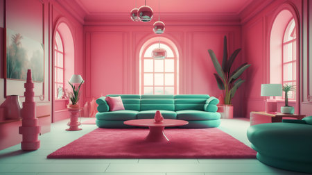 Modern interior of living room with stylish accessories in gentle fashionable pink and green colors. Trendy furniture elegant apartment. Generative AI. high quality illustrationの素材