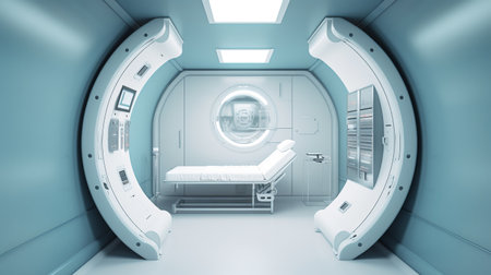Modern medical office spaceship. Stylish futuristic room with medical equipment. Generative AI. high quality illustrationの素材