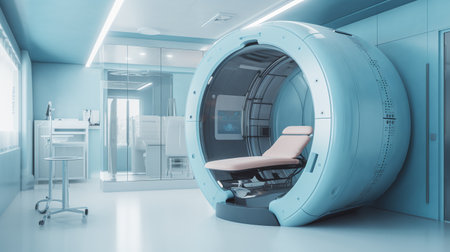 Modern medical office spaceship. Stylish futuristic room with medical equipment. Generative AI. high quality illustrationの素材