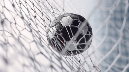 Soccer ball in goal is in net in white color. Generative AI. high quality illustrationの素材