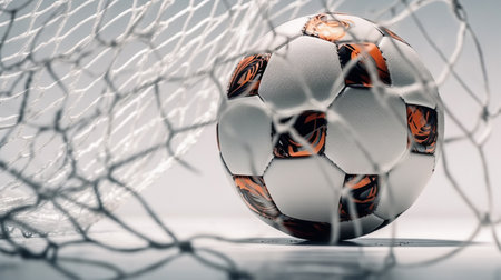Soccer ball in goal is in net in white color. Generative AI. high quality illustrationの素材