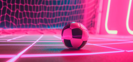 Soccer ball in goal is in net in neon pink color. Generative AI. high quality illustrationの素材