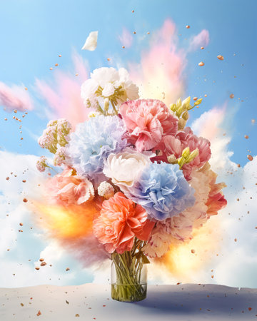 Bouquet of flowers is being blown out is flying on blue sky with cloud. Generative AI. high quality illustrationの素材