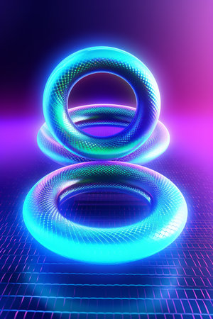 Colorful composition of neon futuristic circles on glowing background. Generative AI. high quality illustrationの素材