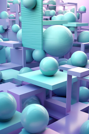 Colorful composition of figures on light metallic green mint background. Glowing balls of different sizes lie on abstract rack . Futuristic gradient poster. Generative AI. high quality illustrationの素材