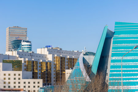 Astana, Kazakhstan - November 23, 2022: Modern city of Astana. Beautiful towers, glass skyscrapers and architecture of future in urban life. High quality photoのeditorial素材