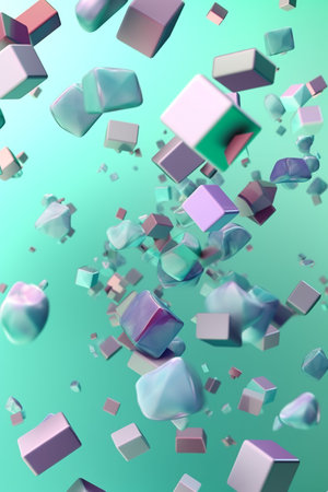 Colorful composition of flying figures on light metallic green mint background. Glowing triangle, spheres, torus, tubes, cones in motion . Futuristic gradient poster. Generative AI.の素材