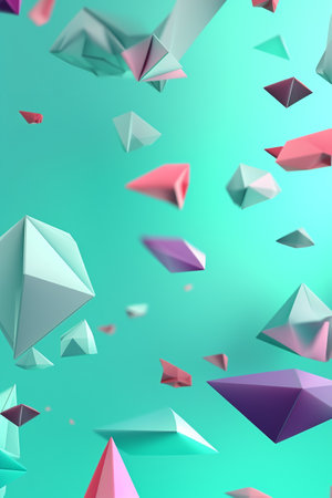 Colorful composition of flying figures on light metallic green mint background. Glowing triangle, spheres, torus, tubes, cones in motion . Futuristic gradient poster. Generative AI.の素材
