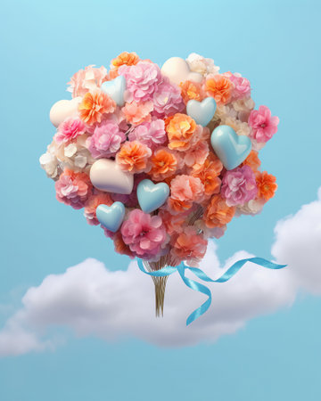 Bouquet of flowers is being blown with hearts out is flying on blue sky with cloud. Generative AI. High quality illustrationの素材