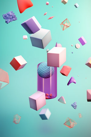 Colorful composition of flying figures on light metallic green mint background. Glowing triangle, spheres, torus, tubes, cones in motion . Futuristic gradient poster. Generative AI.の素材