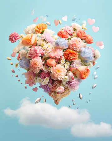 Bouquet of flowers is being blown with hearts out is flying on blue sky with cloud. Generative AI. High quality illustrationの素材