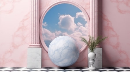 Empty photo frame mockup hanging on light pink wall background. Modern scandinavian style interior. Generative AI. High quality illustrationの素材